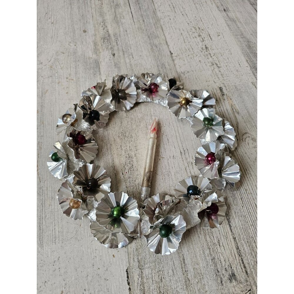 Antique aluminum 9" Mercury glass wreath candle foil Xmas metal beaded decor